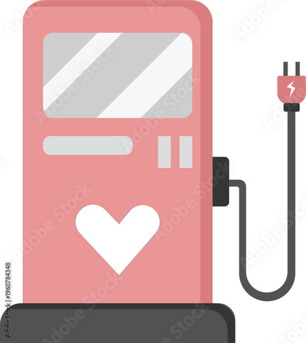 Minimalist vector illustration of a pink electric charging station with a heart symbol and power plug, representing eco-friendly energy with a human touch.