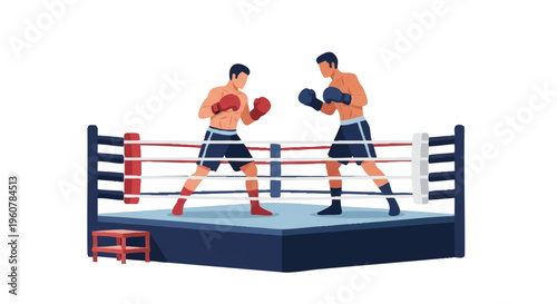 A colorful line art design of two boxers fighting in a boxing ring with a white background, showcasing dynamic movement and energy.