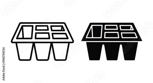 Seedling tray icon set, garden plant starter pots, vector illustration