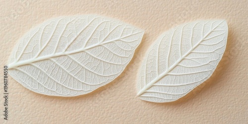 Elegant translucent leaves showcase intricate vein patterns against a soft textured beige backdrop.