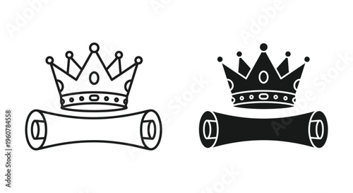Crown and scroll icon set, royal decree or king law symbol, vector illustration