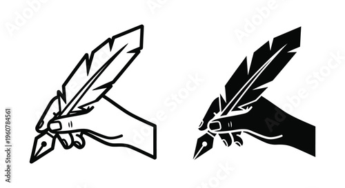 Hand holding a quill pen icon set, vector illustration of a hand writing with a feather pen