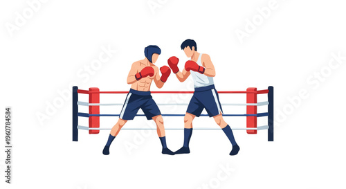 A minimalist line art illustration of two boxers in a fighting stance within a boxing ring with red and blue ropes on a white background.