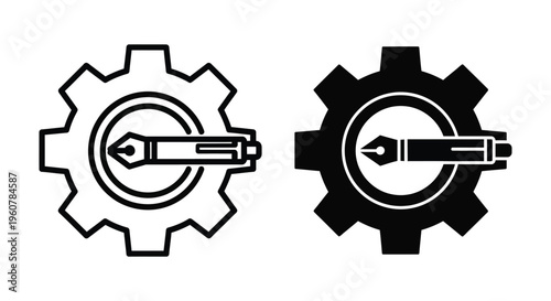 Gear and fountain pen icon set, creative engineering and writing concept