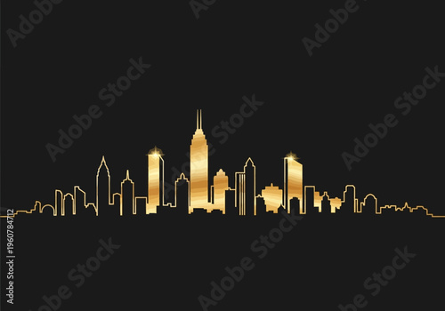 Luxury city skyline silhouette shines with gold metallic gradient on black background