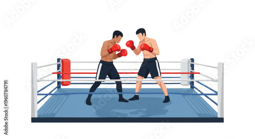 Illustration of two boxers in a boxing ring with line art design, engaged in a match with red gloves and black shorts on a blue mat, against a white background with a colorful mood.