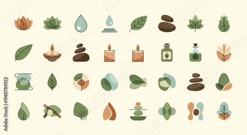 Spa wellness icons set including leaves stones candles and water droplets on beige background for relaxation and self care themes