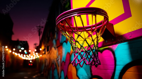 Vibrant Basketball Hoop at Twilight with Colorful Graffiti Wall and String Lights in Urban Setting