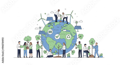 Eco Friendly Business Team Planting Trees Around Earth Sustainable Corporate Concept