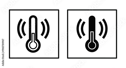 Temperature sensor icons set, thermometer with signal waves, weather monitoring symbols