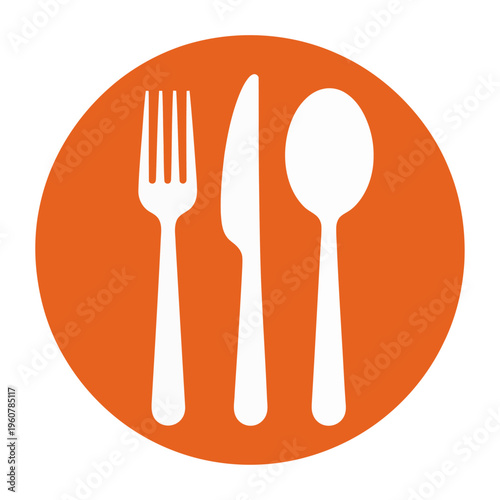 Vector icon featuring a fork, knife, and spoon on an orange background