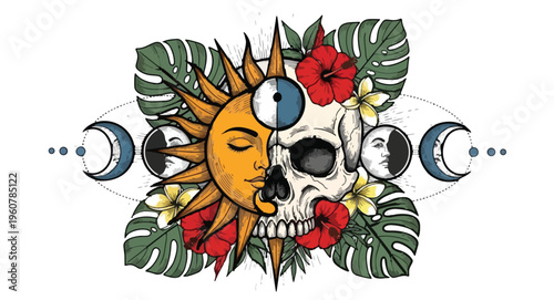 Sun and Skull Illustration with Tropical Leaves and Flowers