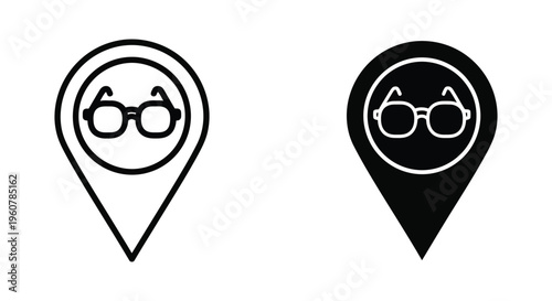 Glasses location pin icon set, map pointer with spectacles symbol, optician shop or eyewear store location sign