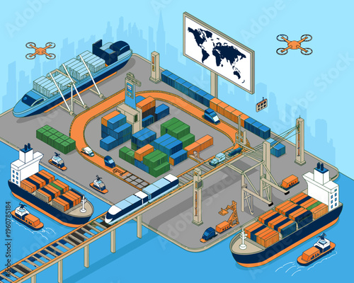 Isometric illustration of a busy shipping port with containers and various vehicles  global trade hub