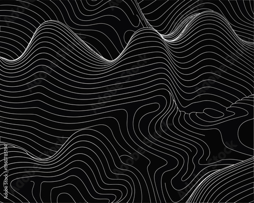White lines forming wavy topographic contours on black background