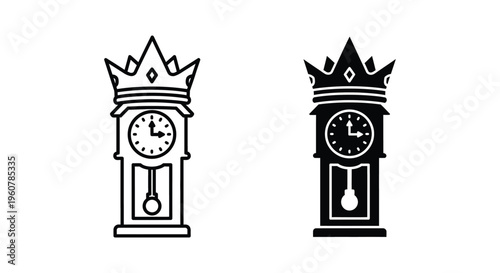 Grandfather clock with a crown on top icon set, vector illustration