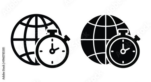 Global time icon set, world globe with stopwatch symbol, international time concept, vector illustration