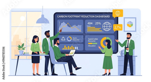 Business Team Analyzing Environmental Data Carbon Footprint Reduction Dashboard