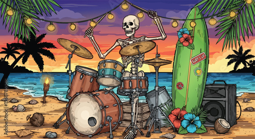 Skeleton Drummer on Tropical Beach at Sunset with Surfboard