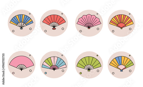 Set of eight circular featuring colorful folding hand fans with various striped patterns and solid colors in a flat style on a light beige background