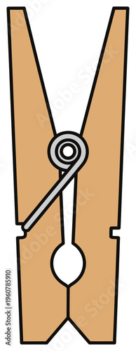 Clothespin wooden laundry clip with metal spring simple household vector icon