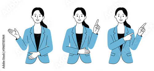 Set of three featuring a young woman in a light blue blazer gesturing with her hands to indicate directions and present information on a white background