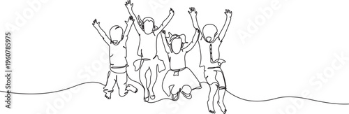 Joyful children jumping together in a continuous line art illustration,Continuous Line Drawing of Happy Children Jumping,Single one line.