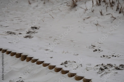 Small footprints scattered across sandy dune beside rustic wooden edging