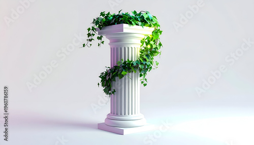 White column with green ivy vines spiraling standing in a bright studio setting