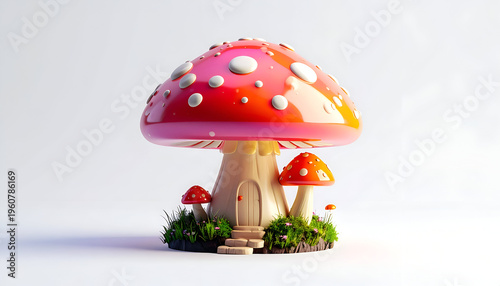 Whimsical mushroom house with polka dots in vibrant red and orange colors