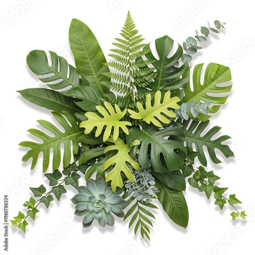 A bouquet of green leaves and plants on a white background