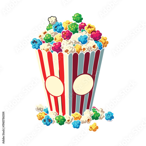 A vibrant illustration of a popcorn bucket filled with multicolored popcorn  surrounded by scattered popcorn pieces.