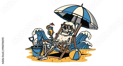 Skeleton relaxing on beach chair under umbrella with cocktail