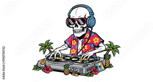 Cartoon skeleton DJ with headphones and tropical shirt mixing music