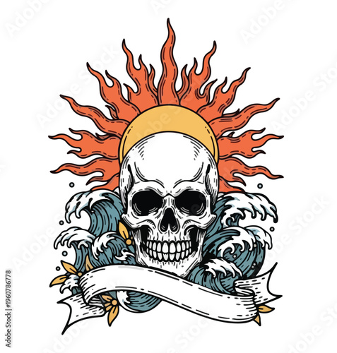 Skull with sun and waves tattoo design on white background