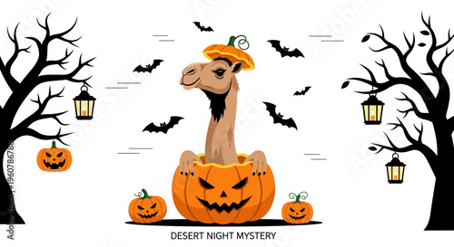 Desert Night Mystery A Spooky Halloween Scene with a Camel in a Pumpkin, Bats, and Lanterns