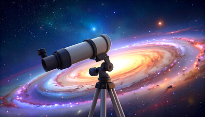 Telescope observing cosmic galaxy; science astronomy exploration with space background