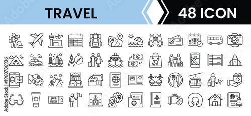 Outline Travel Icon Set in Line Art Style for Air Travel, Tourism, Packing, Navigation, Accommodation, and Digital Interface Design