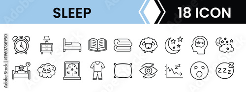 Outline Sleep Icon Set in Line Art Style for Bedtime, Night Routine, Relaxation, Rest, Pillow, and Digital Interface Design
