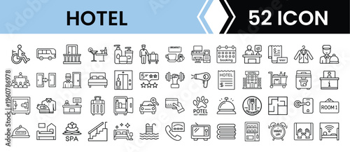 Outline Hotel Icon Set in Line Art Style for Accommodation, Reception, Booking, Room Service, and Travel Stay Digital Interface Design