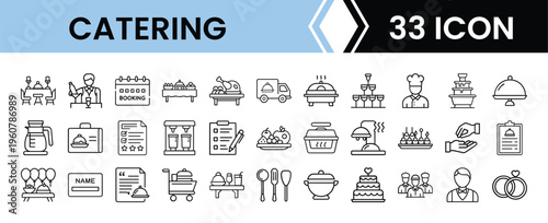 Outline Catering Icon Set in Line Art Style for Food Service, Buffet, Event Catering, Kitchen, and Hospitality Digital Interface Design