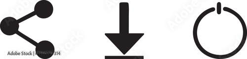 Minimal Black Interface Icons Set Featuring Share Network, Download Arrow, and Power Button Symbols on Light Background – Modern UI/UX Vector Illustration for Apps, Web Design, and Digital Technology 