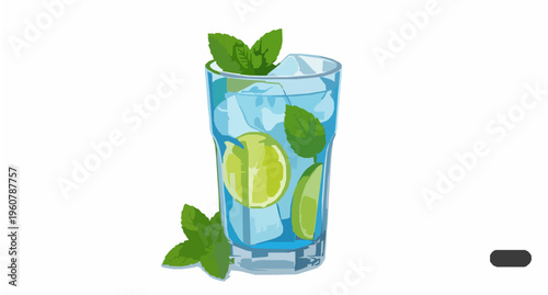 Blue Mojito Cocktail with Mint and Lime Refreshing Summer Drink Vector Illustration