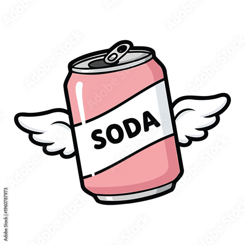 Cute Pink Soda Can with Angel Wings, Whimsical Beverage Illustration on White Background