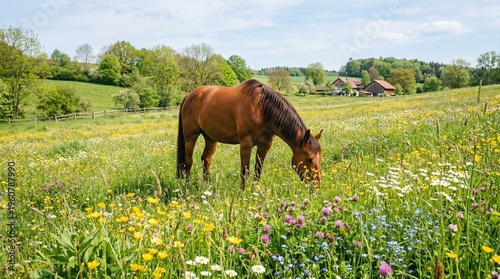 Brown horse grazing in a vibrant wildflower meadow under a clear blue sky