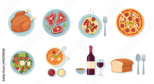 A diverse collection of popular dishes and beverages including roasted chicken, steaks, pasta, pizza, salad, soup, wine, and bread, presented as a culinary spread.
