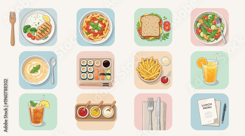 A grid of twelve minimalist illustrations depicting various food items, drinks, and dining essentials like cutlery and condiments.