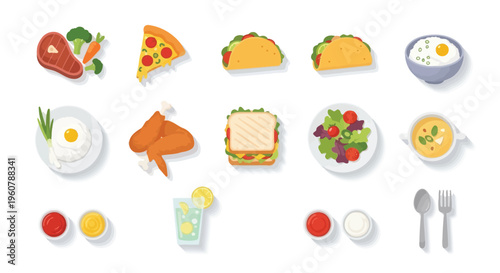 A vibrant collection of various popular food items, drinks, and condiments, including steak, pizza, tacos, salads, and more, presented as flat design illustrations.