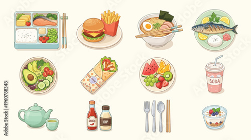 A collection of various illustrated food and drink items including bento, ramen, burger, salad, fruits, and beverages, presented on a light background.