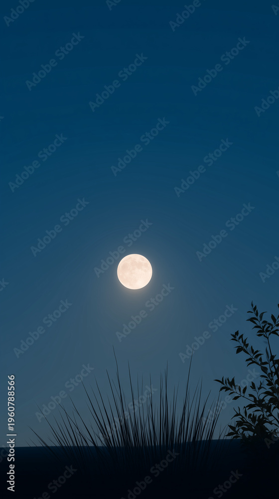 Fototapeta premium Moon over garden in photorealistic minimalist style